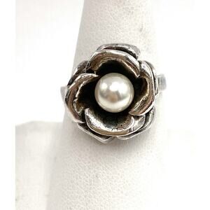 925 Marsala Sterling Silver Flower Ring Faux Pearl 7.75 Size Vintage 6.24g